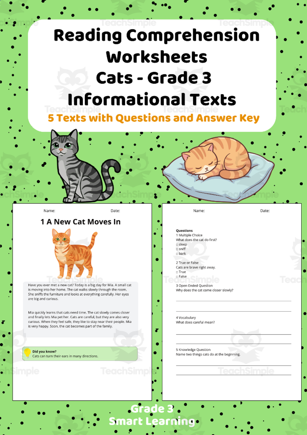 An educational teaching resource from Smart Learning Classroom entitled Reading Comprehension Cats | Grade 3 Informational Texts downloadable at Teach Simple.