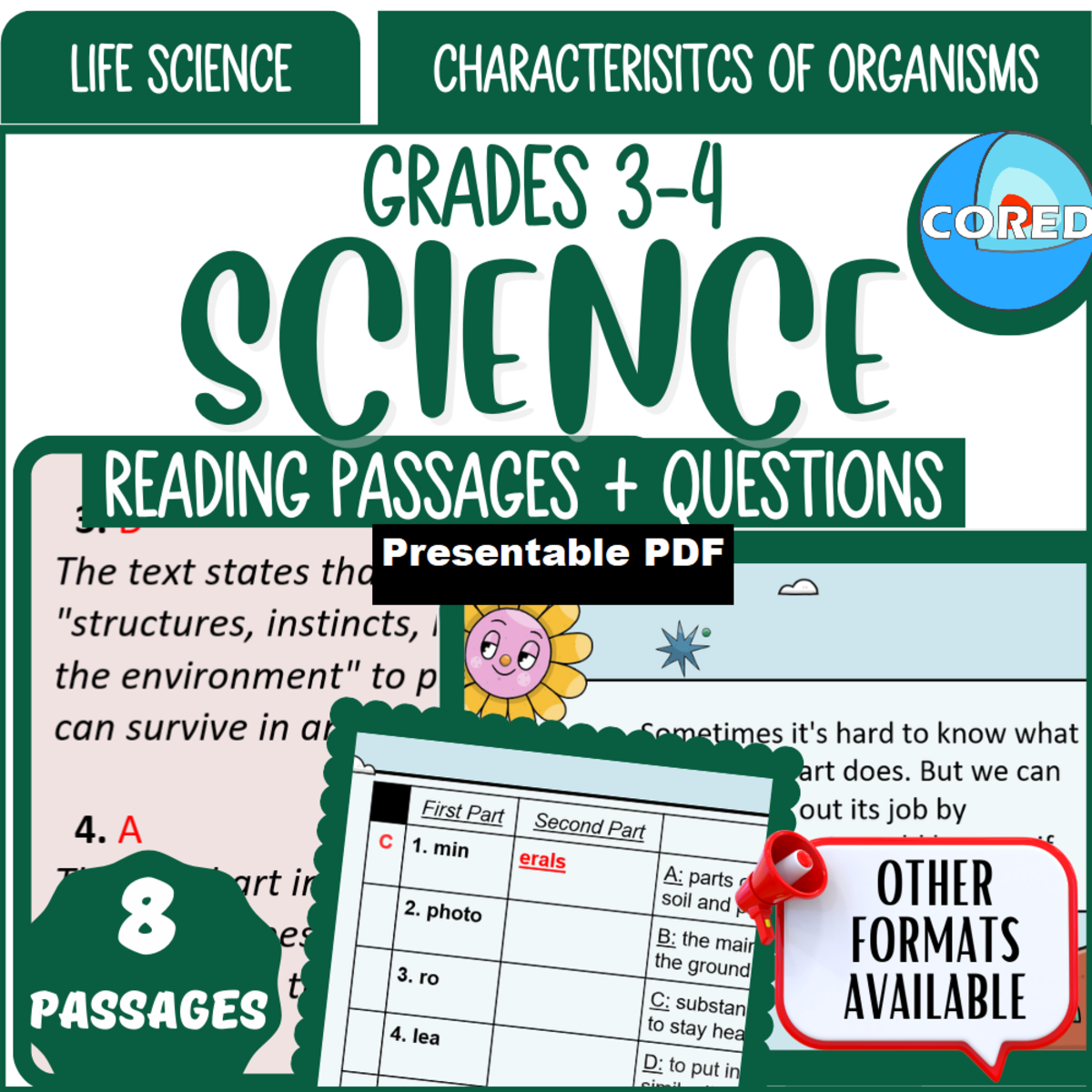 An educational teaching resource from Cored Education entitled Reading Comprehension Characteristics of Organisms (Presentable PDF) downloadable at Teach Simple.