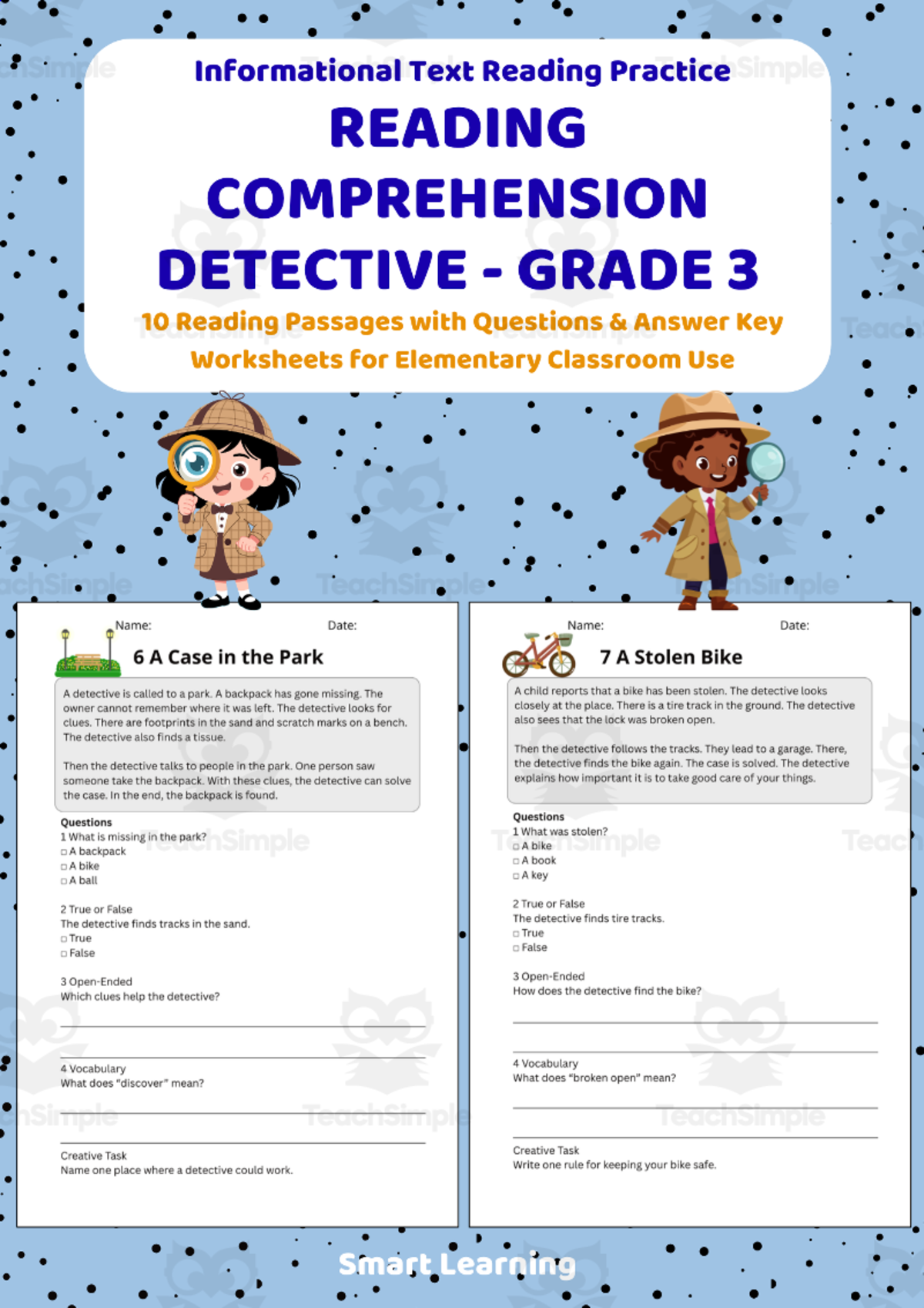 An educational teaching resource from Smart Learning Classroom entitled Reading Comprehension Detectives | Grade 3 Reading Activities downloadable at Teach Simple.