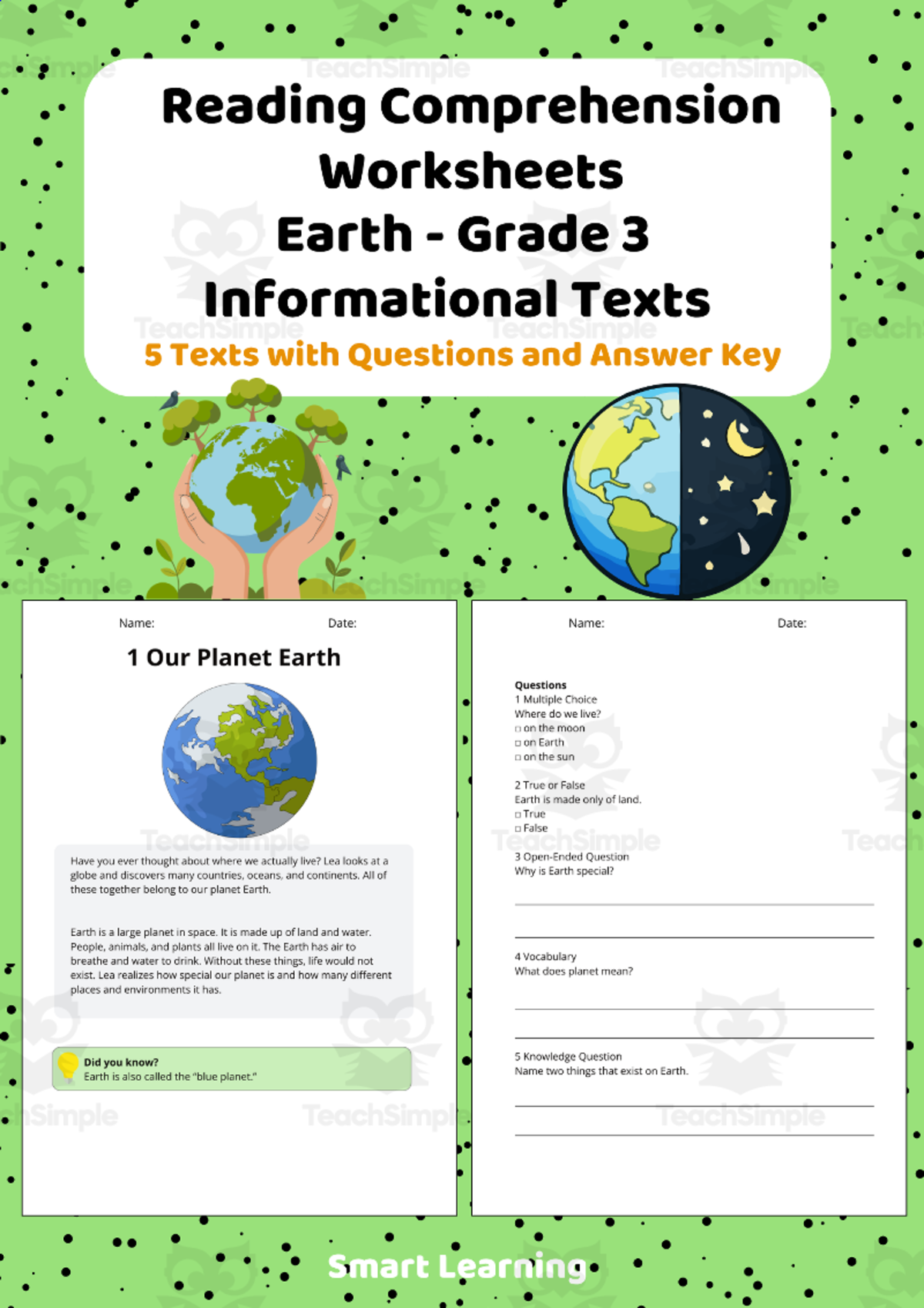 An educational teaching resource from Smart Learning Classroom entitled Reading Comprehension Earth | Grade 3 Informational Texts downloadable at Teach Simple.