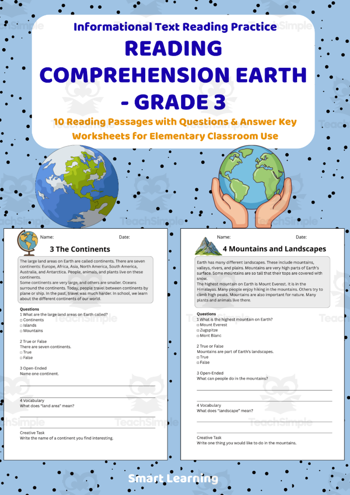 An educational teaching resource from Smart Learning Classroom entitled Reading Comprehension Earth | Grade 3 Reading Activities downloadable at Teach Simple.