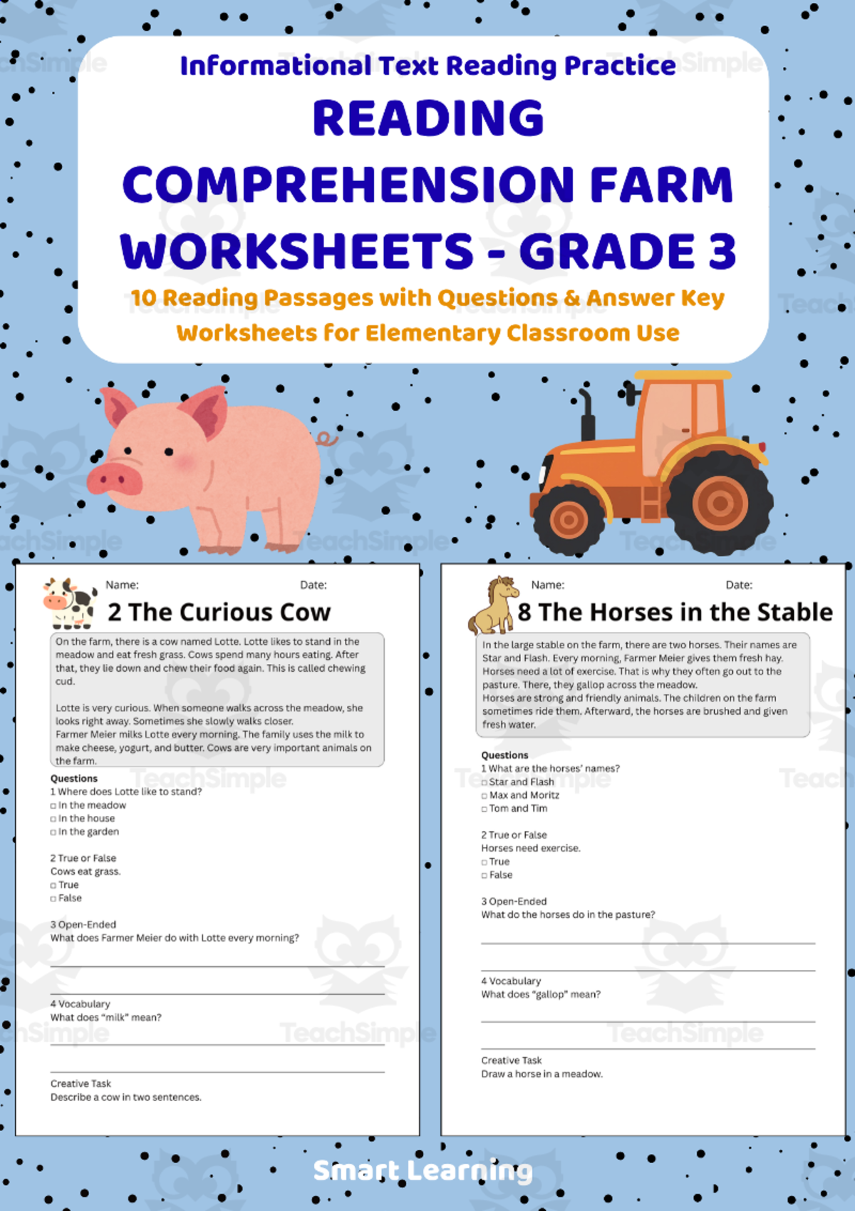 An educational teaching resource from Smart Learning Classroom entitled Reading Comprehension Farm | Grade 3 Reading Activities downloadable at Teach Simple.
