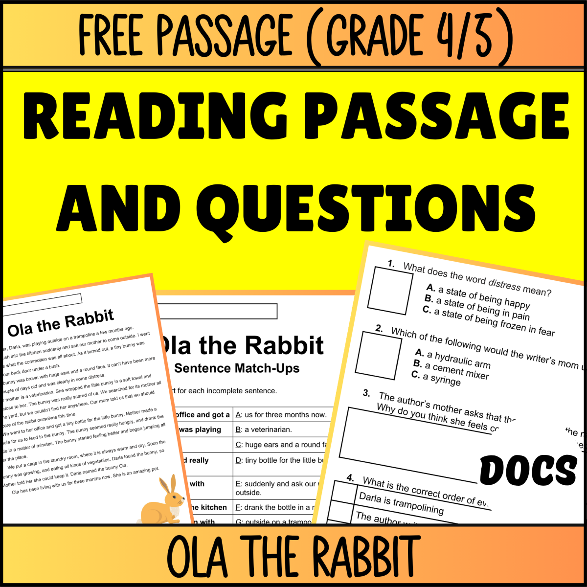 An educational teaching resource from Cored Education entitled Reading Comprehension Fiction Set 1 Sample: Ola the Rabbit (Docs) downloadable at Teach Simple.