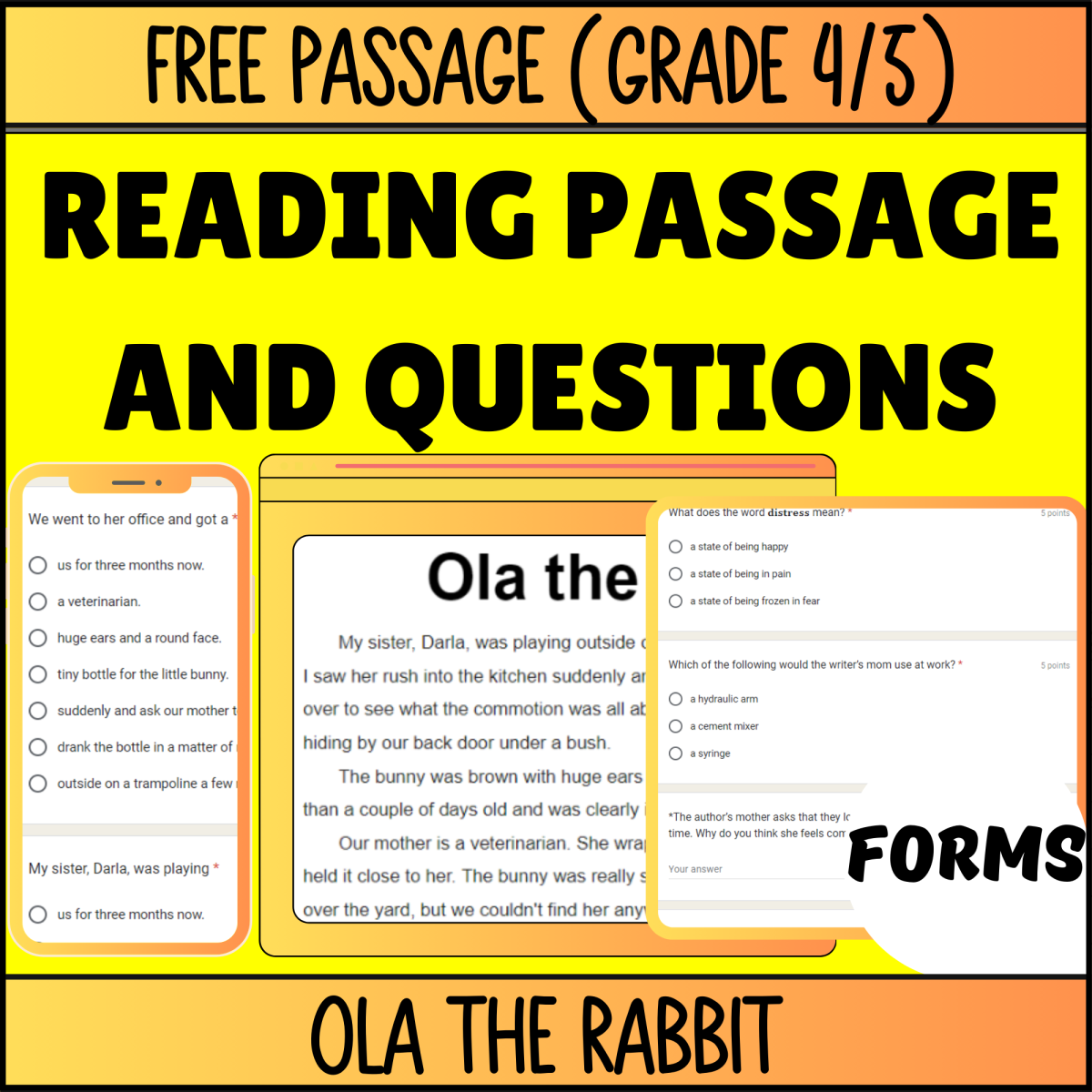 An educational teaching resource from Cored Education entitled Reading Comprehension Fiction Set 1 Sample: Ola the Rabbit (Forms) downloadable at Teach Simple.
