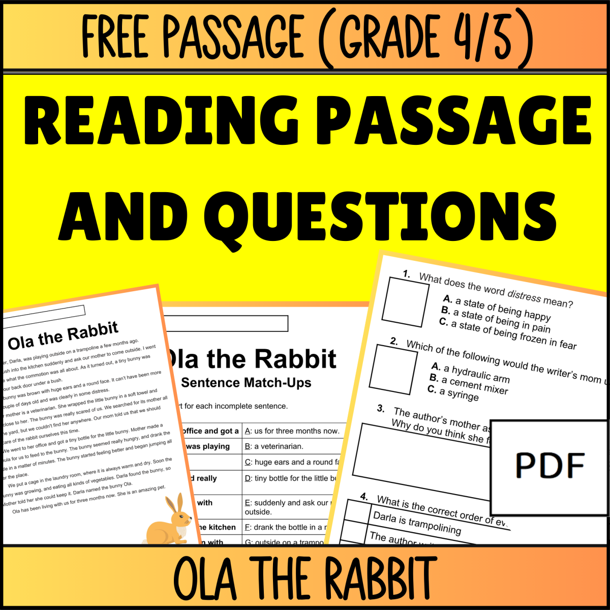 An educational teaching resource from Cored Education entitled Reading Comprehension Fiction Set 1 Sample: Ola the Rabbit (PDF) downloadable at Teach Simple.