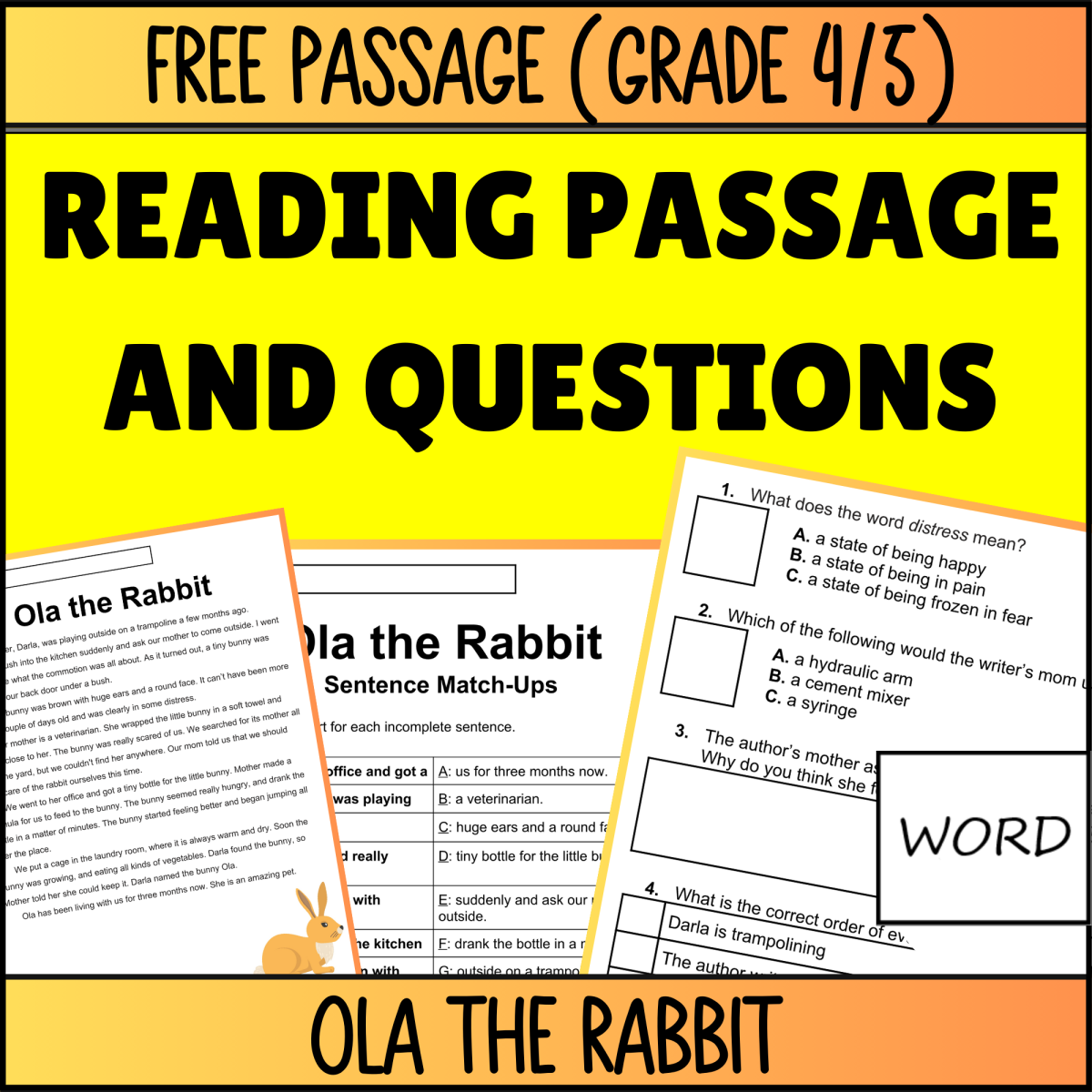 An educational teaching resource from Cored Education entitled Reading Comprehension Fiction Set 1 Sample: Ola the Rabbit (Word) downloadable at Teach Simple.