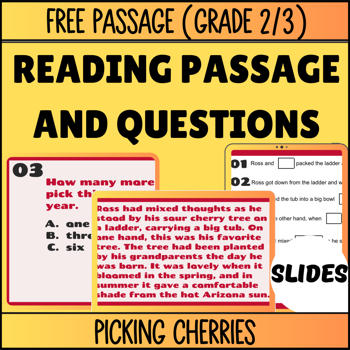 An educational teaching resource from Cored Education entitled Reading Comprehension Fiction Set 1 Sample - Picking Cherries (Slides) downloadable at Teach Simple.