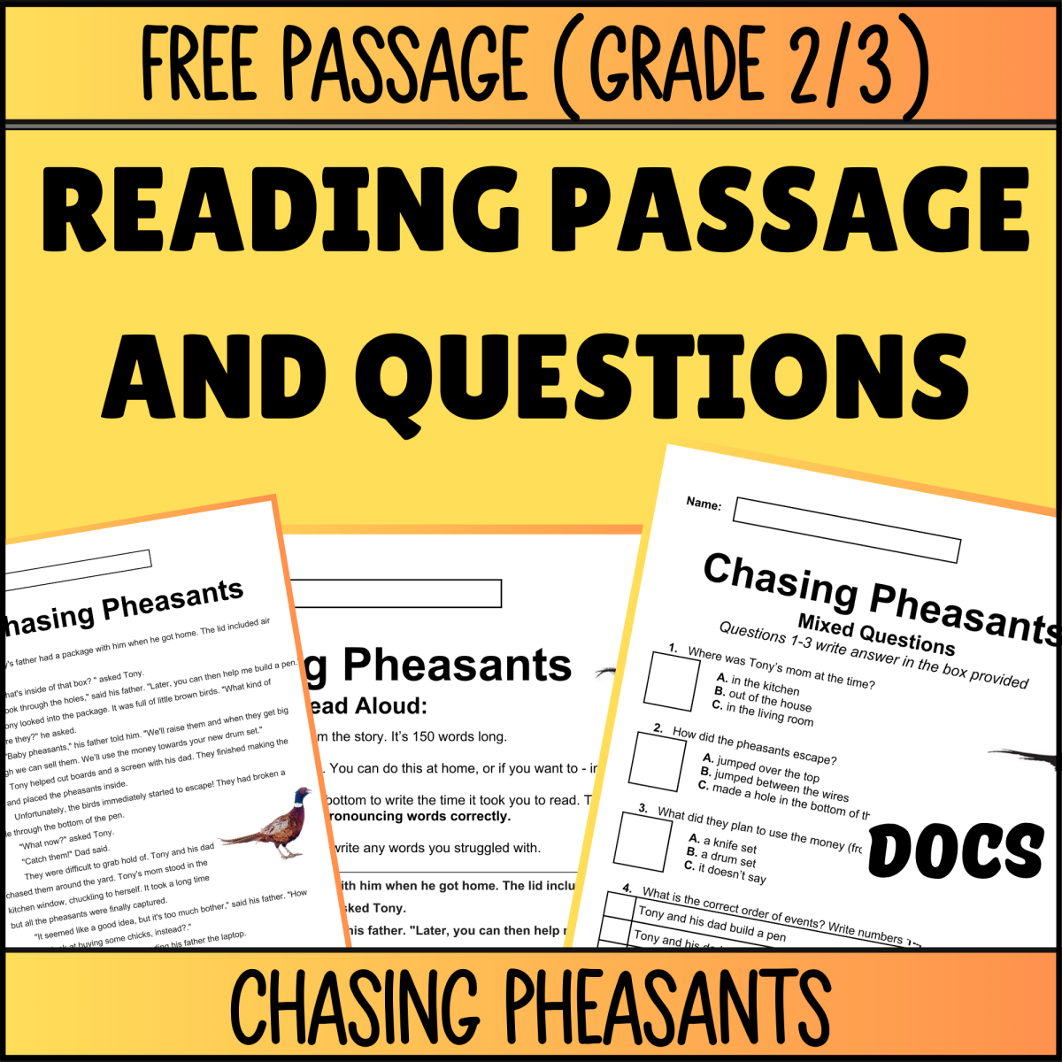 An educational teaching resource from Cored Education entitled Reading Comprehension Fiction Set 2 Sample - Chasing Pheasants (Docs) downloadable at Teach Simple.