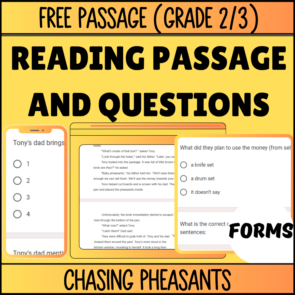 An educational teaching resource from Cored Education entitled Reading Comprehension Fiction Set 2 Sample: Chasing Pheasants (Forms) downloadable at Teach Simple.