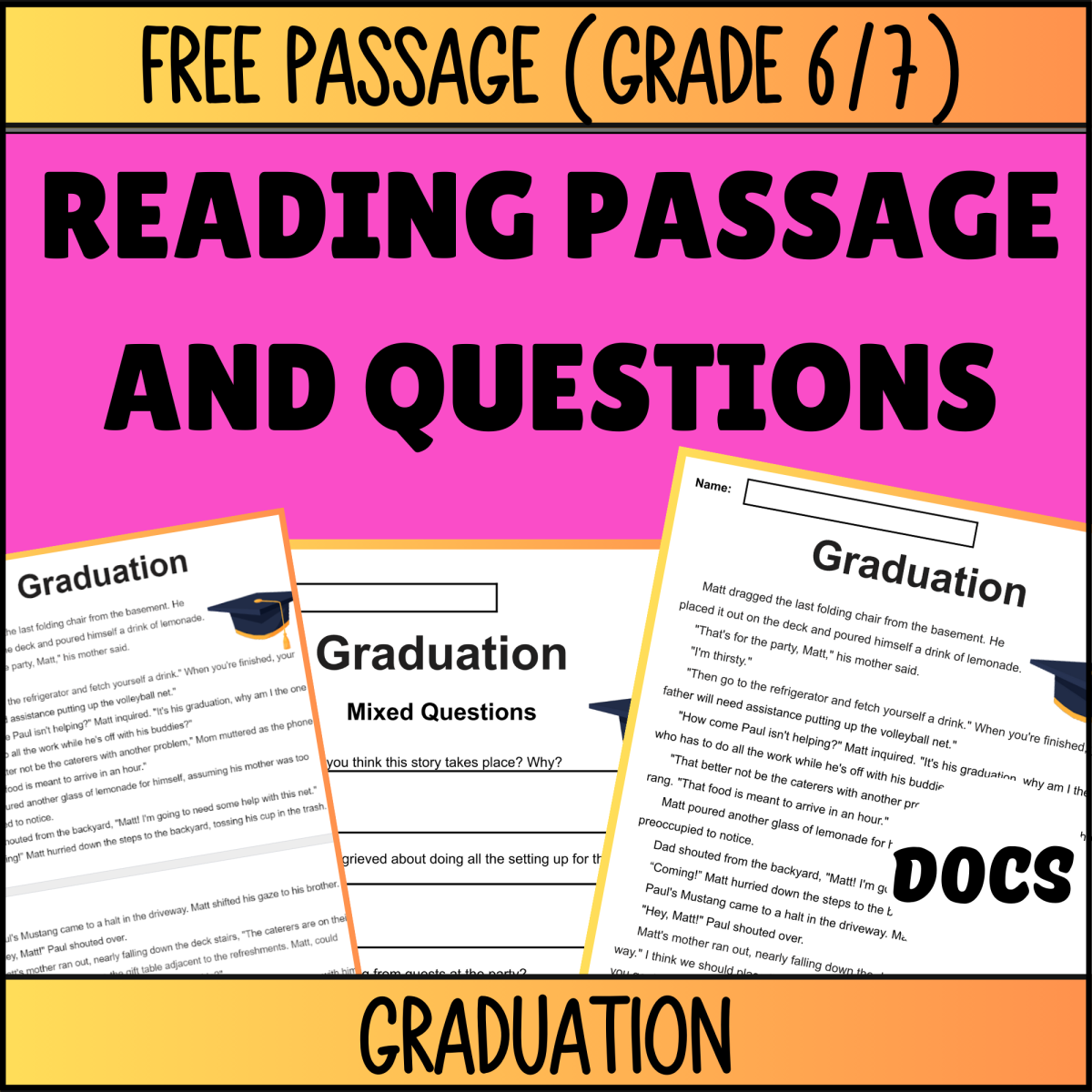 An educational teaching resource from Cored Education entitled Reading Comprehension Fiction Set 2 Sample: Graduation (Google Docs) downloadable at Teach Simple.