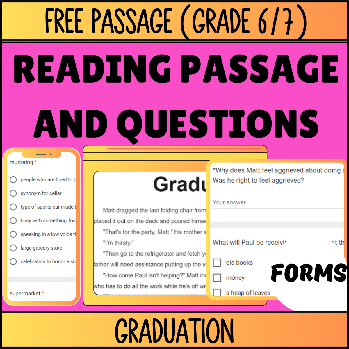 An educational teaching resource from Cored Education entitled Reading Comprehension Fiction Set 2 Sample: Graduation (Google Forms) downloadable at Teach Simple.