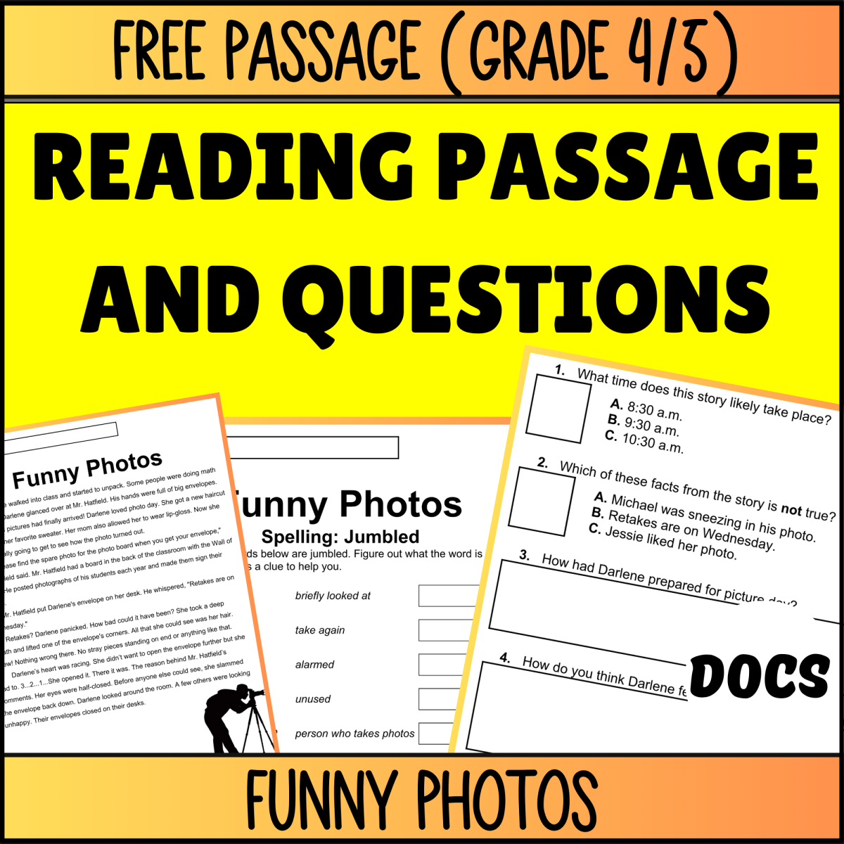 An educational teaching resource from Cored Education entitled Reading Comprehension Fiction Set 4 Sample: Funny Photos (Docs) downloadable at Teach Simple.
