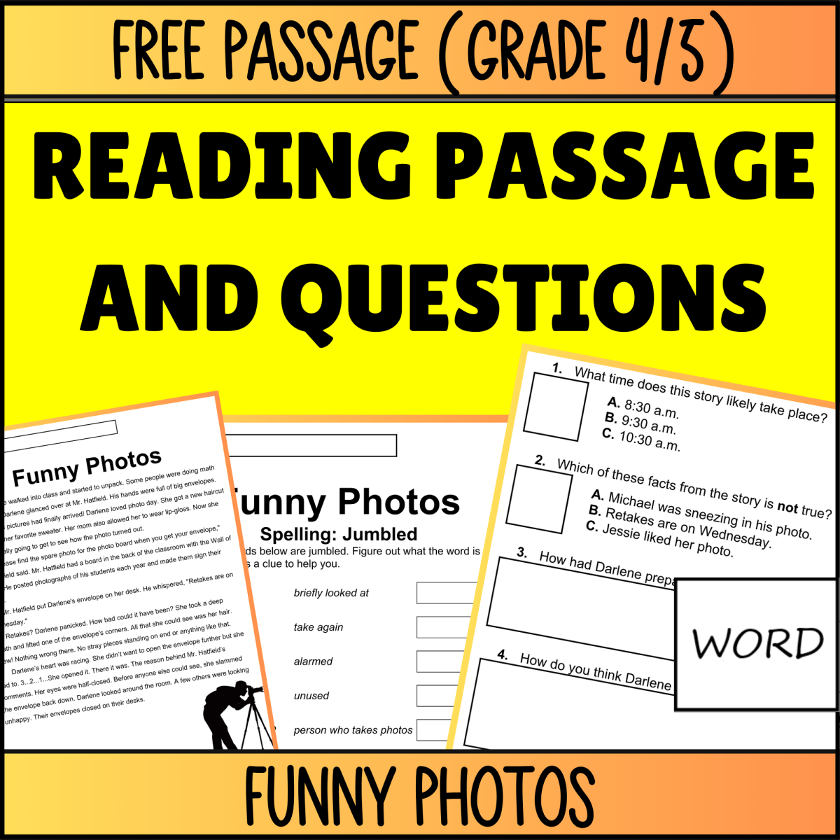 An educational teaching resource from Cored Education entitled Reading Comprehension Fiction Set 4 Sample: Funny Photos (Word) downloadable at Teach Simple.