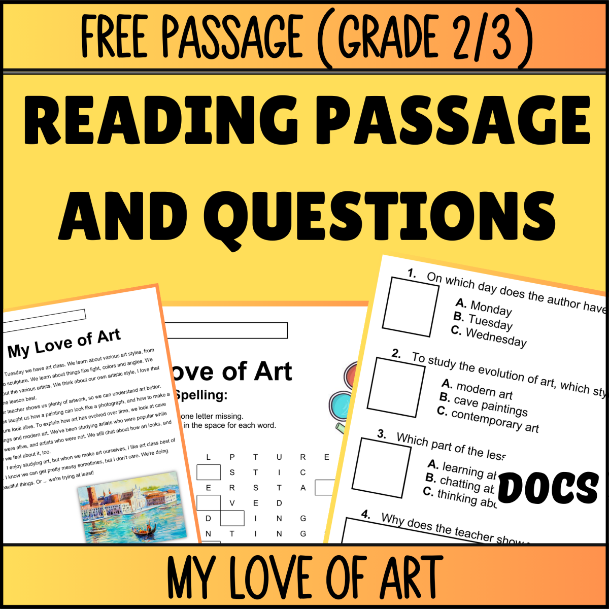 An educational teaching resource from Cored Education entitled Reading Comprehension Fiction Set 4 Sample: My Love of Art (Docs) downloadable at Teach Simple.