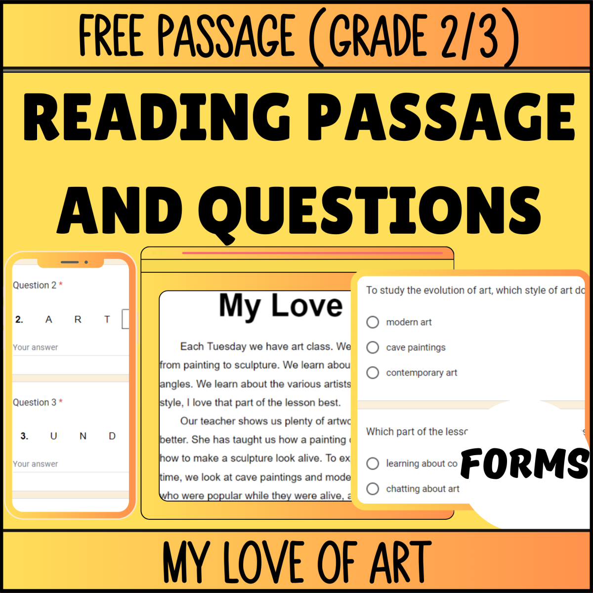 An educational teaching resource from Cored Education entitled Reading Comprehension Fiction Set 4 Sample: My Love of Art (Forms) downloadable at Teach Simple.