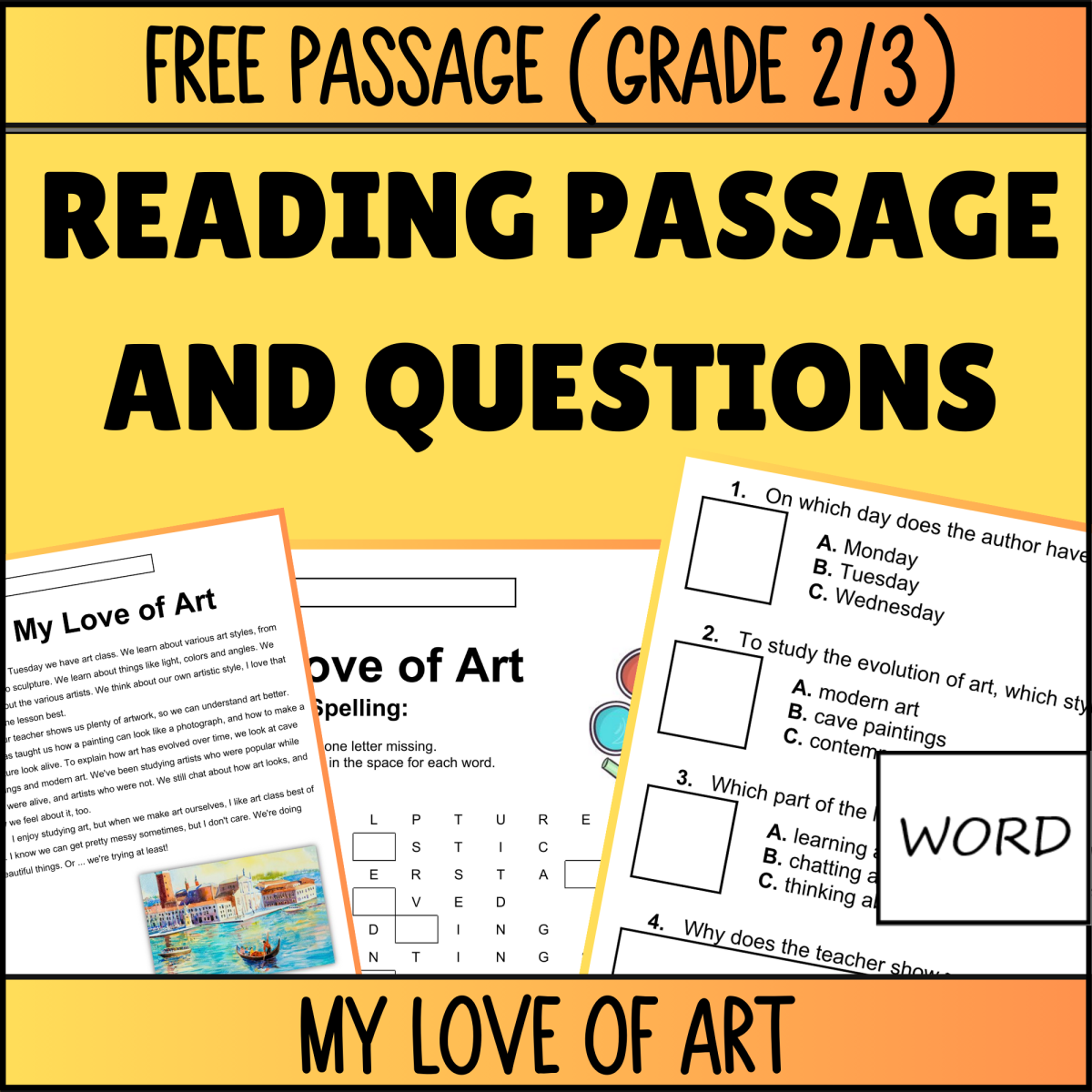 An educational teaching resource from Cored Education entitled Reading Comprehension Fiction Set 4 Sample: My Love of Art (Word) downloadable at Teach Simple.