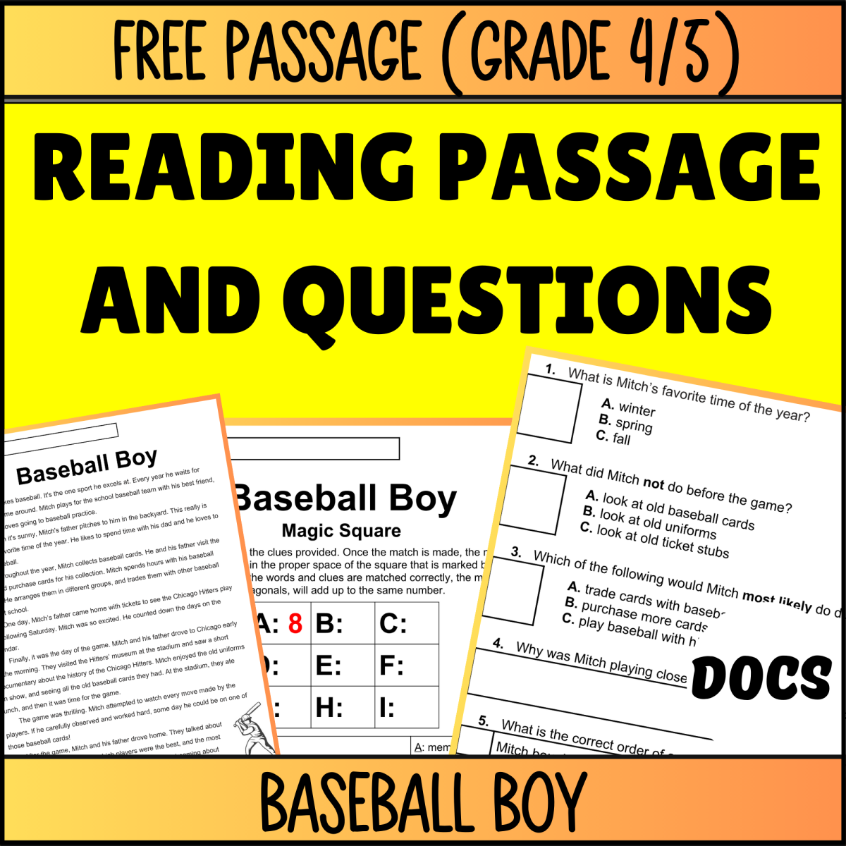 An educational teaching resource from Cored Education entitled Reading Comprehension Fiction Set 5 Sample: Baseball Boy (Docs) downloadable at Teach Simple.