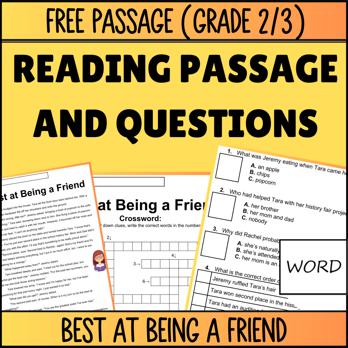 An educational teaching resource from Cored Education entitled Reading Comprehension Fiction Set 5 Sample Best at Being a Friend Word downloadable at Teach Simple.