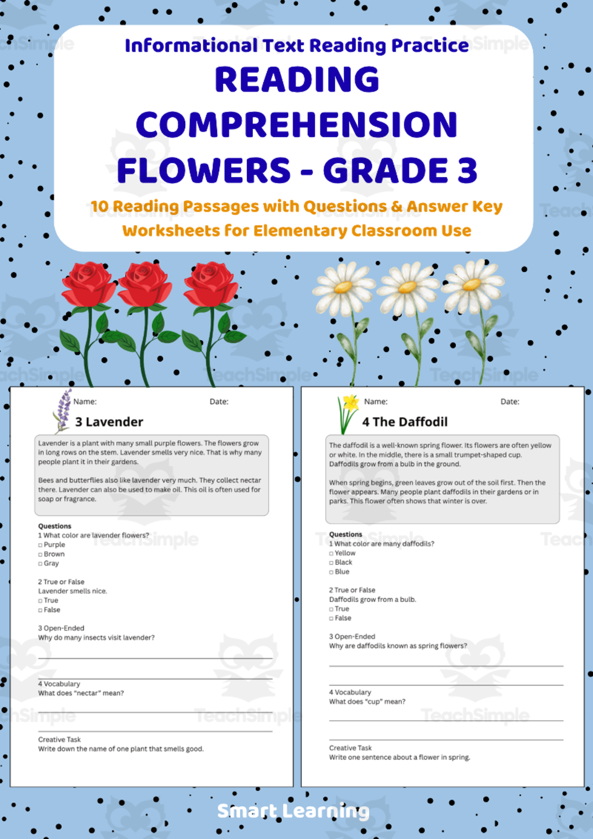An educational teaching resource from Smart Learning Classroom entitled Reading Comprehension Flowers | Grade 3 Reading Activities downloadable at Teach Simple.