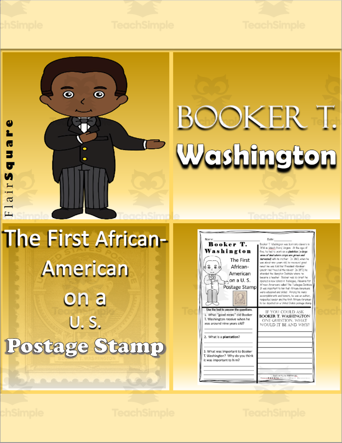 An educational teaching resource from FlairSquare Educational Resources entitled Reading Comprehension for Black History Month: Booker T. Washington downloadable at Teach Simple.