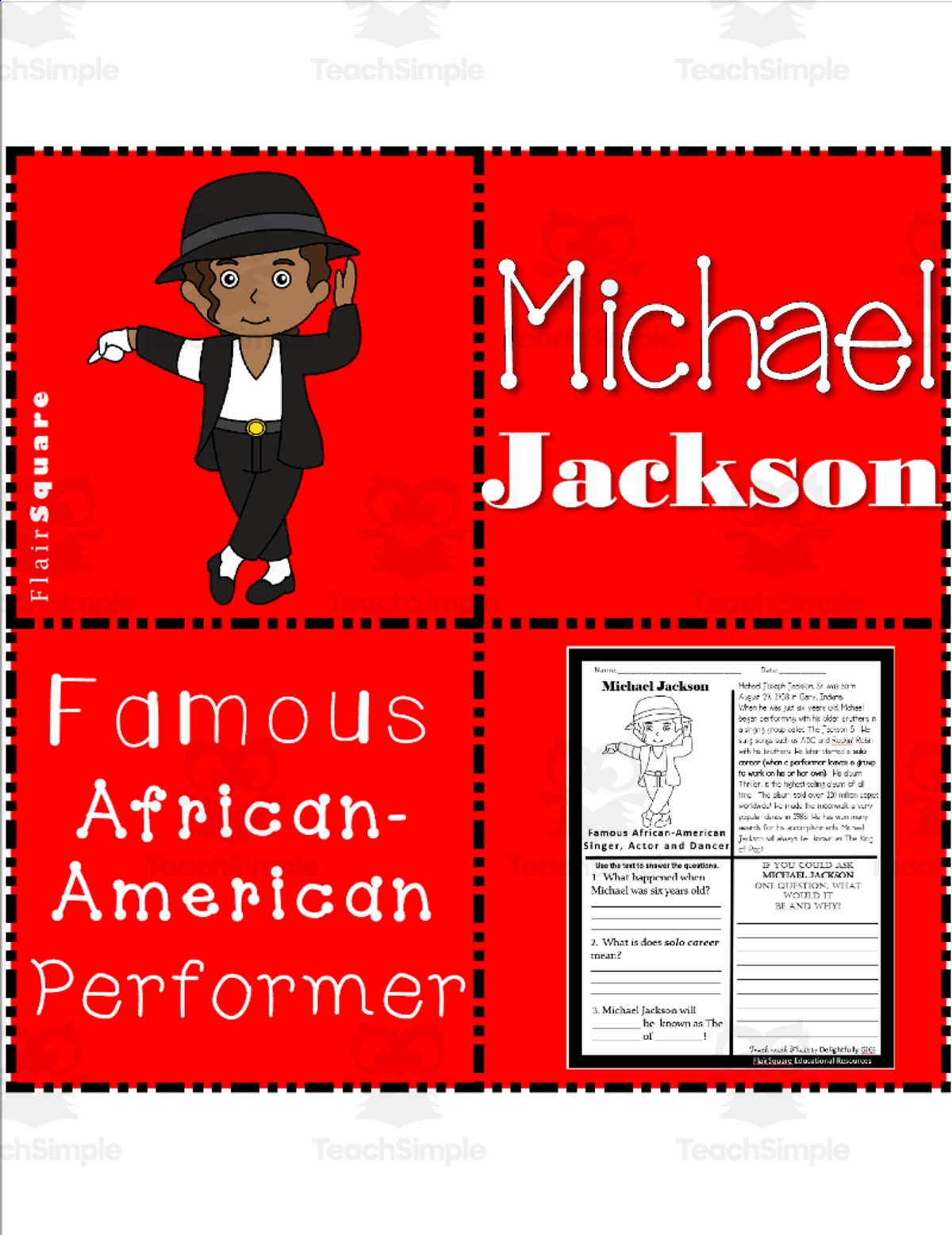 An educational teaching resource from FlairSquare Educational Resources entitled Reading Comprehension for Black History Month: Michael Jackson downloadable at Teach Simple.