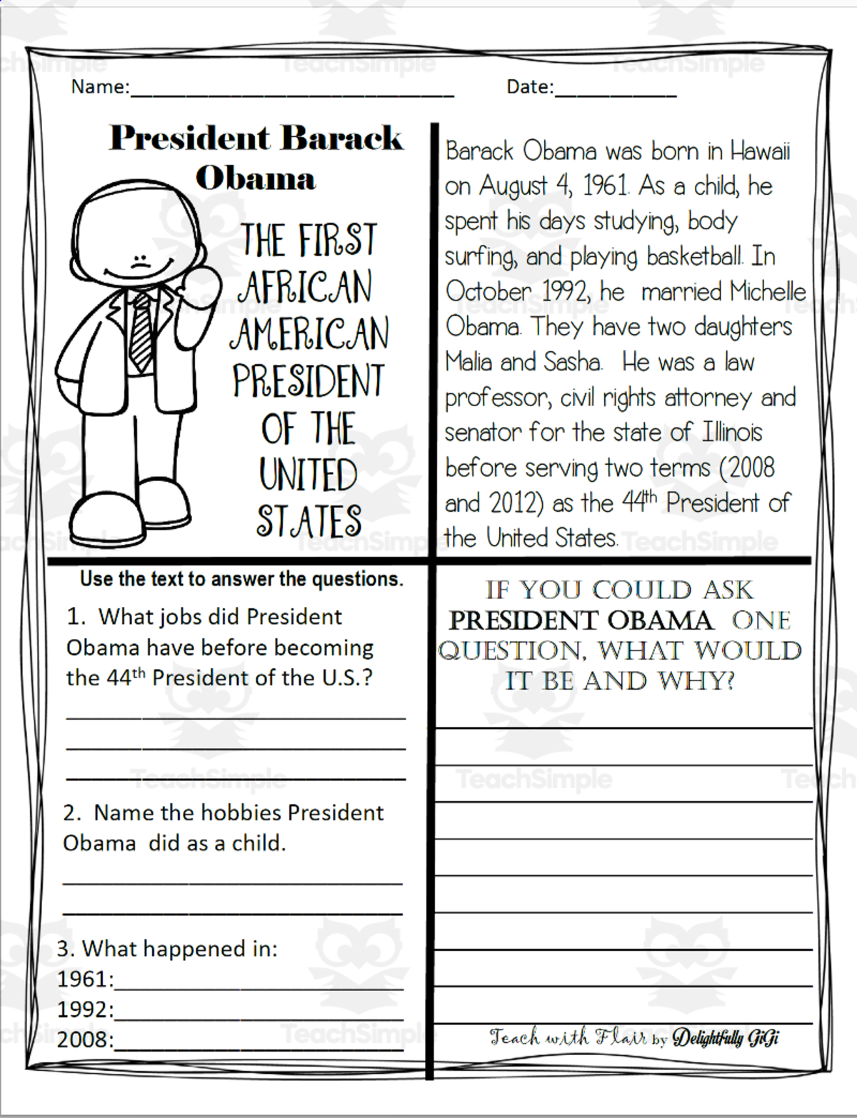 An educational teaching resource from FlairSquare Educational Resources entitled Reading Comprehension for Black History Month: President Barack Obama downloadable at Teach Simple.