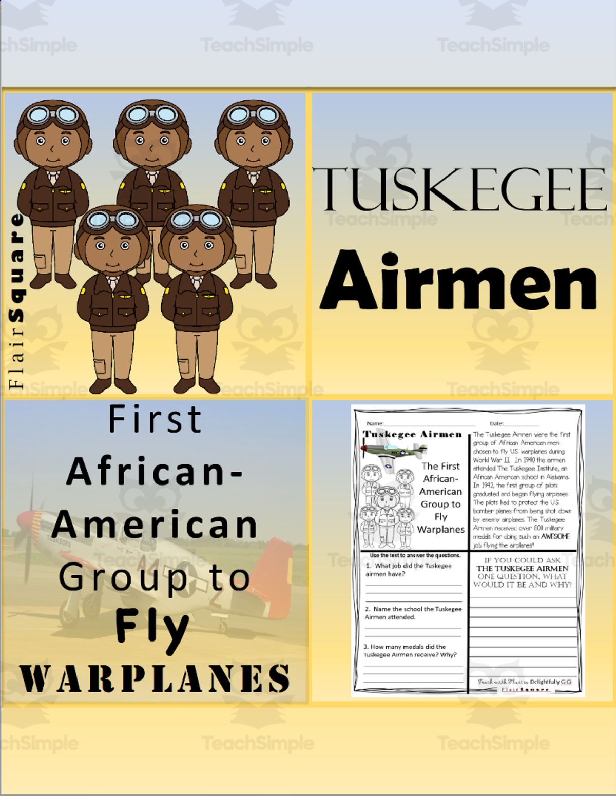 An educational teaching resource from FlairSquare Educational Resources entitled Reading Comprehension for Black History Month: Tuskegee Airmen downloadable at Teach Simple.