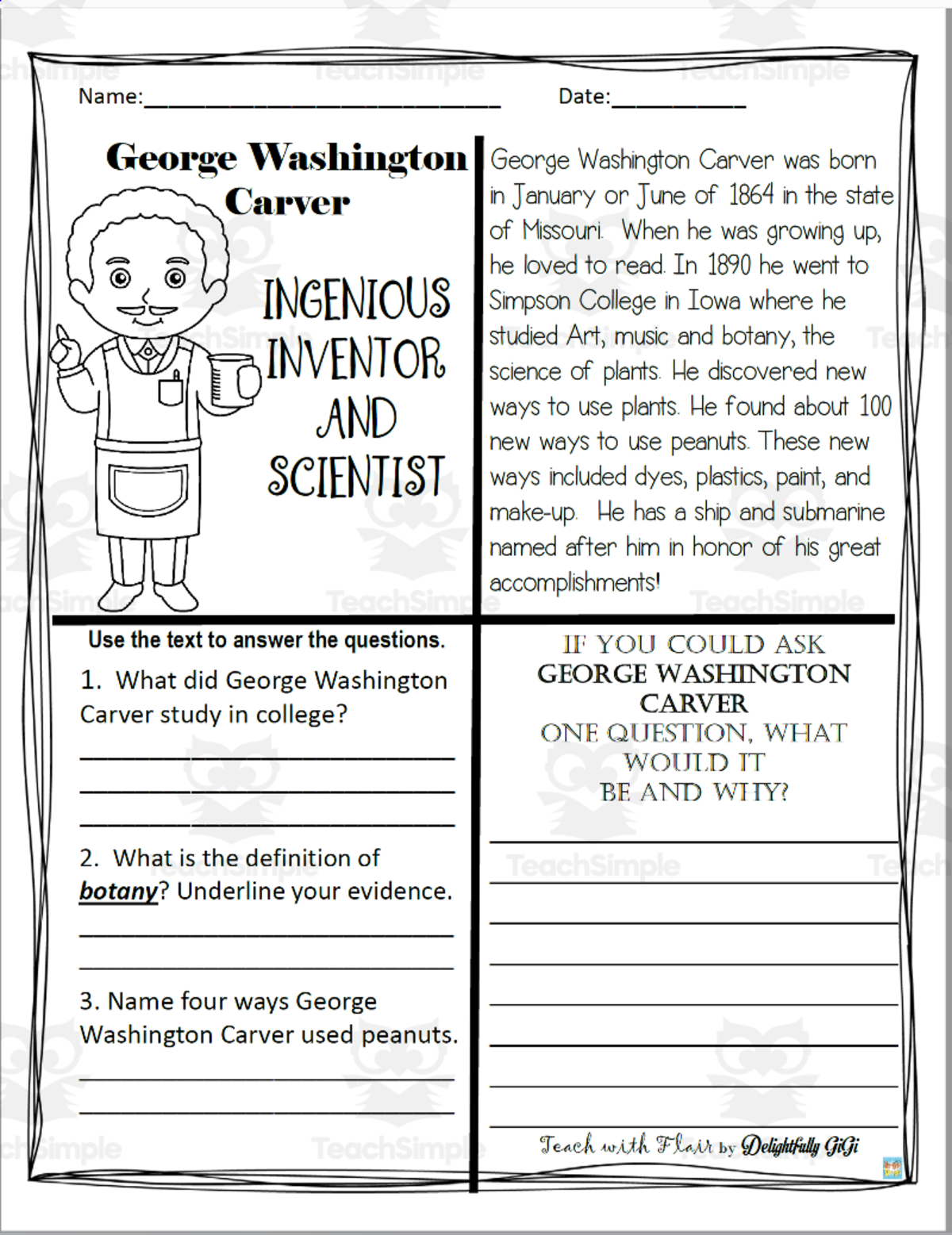 An educational teaching resource from FlairSquare Educational Resources entitled Reading Comprehension for Black History Month:George Washington Carver downloadable at Teach Simple.
