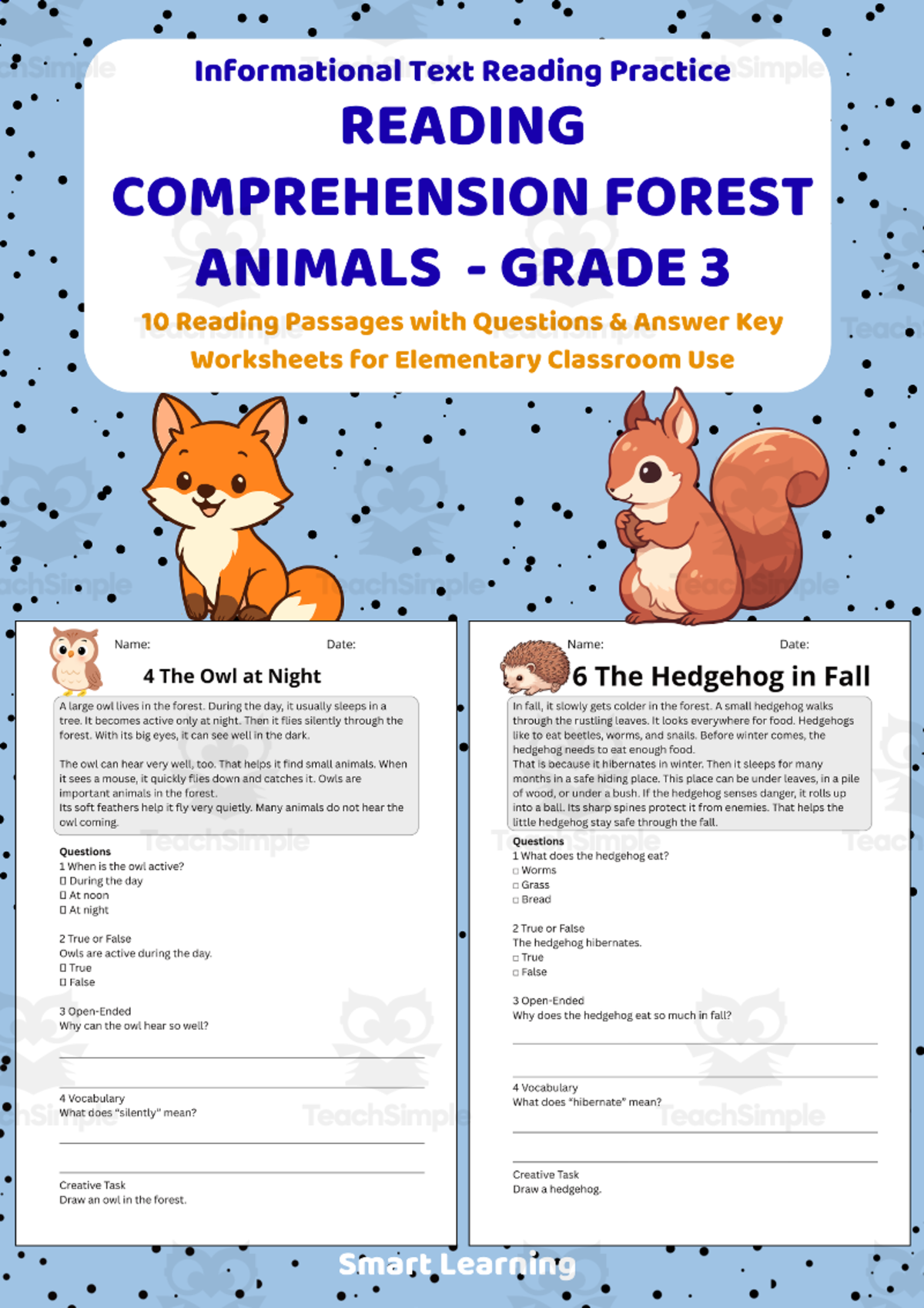 An educational teaching resource from Smart Learning Classroom entitled Reading Comprehension Forest Animals | Grade 3 Reading Activities downloadable at Teach Simple.