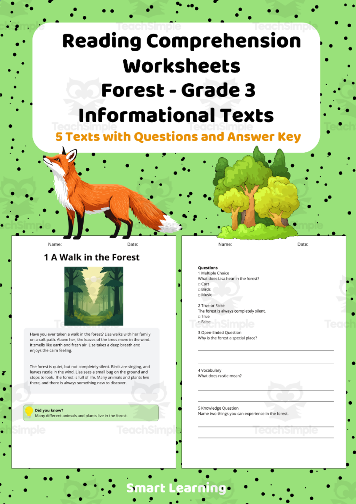 An educational teaching resource from Smart Learning Classroom entitled Reading Comprehension Forest | Grade 3 Informational Texts downloadable at Teach Simple.