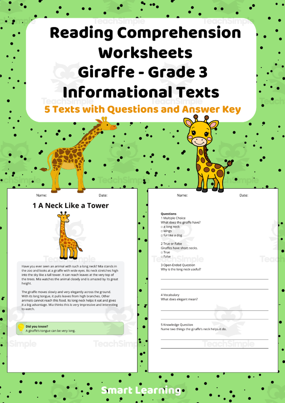 An educational teaching resource from Smart Learning Classroom entitled Reading Comprehension Giraffe | Grade 3 Informational Texts downloadable at Teach Simple.
