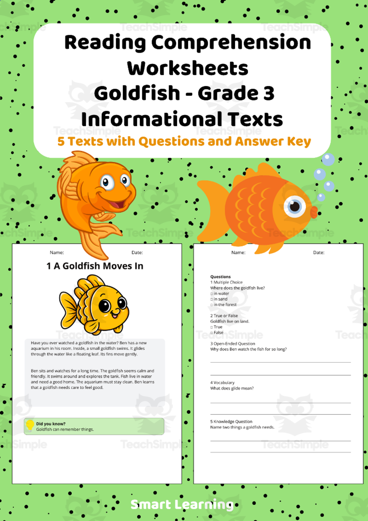 An educational teaching resource from Smart Learning Classroom entitled Reading Comprehension Goldfish | Grade 3 Informational Texts downloadable at Teach Simple.