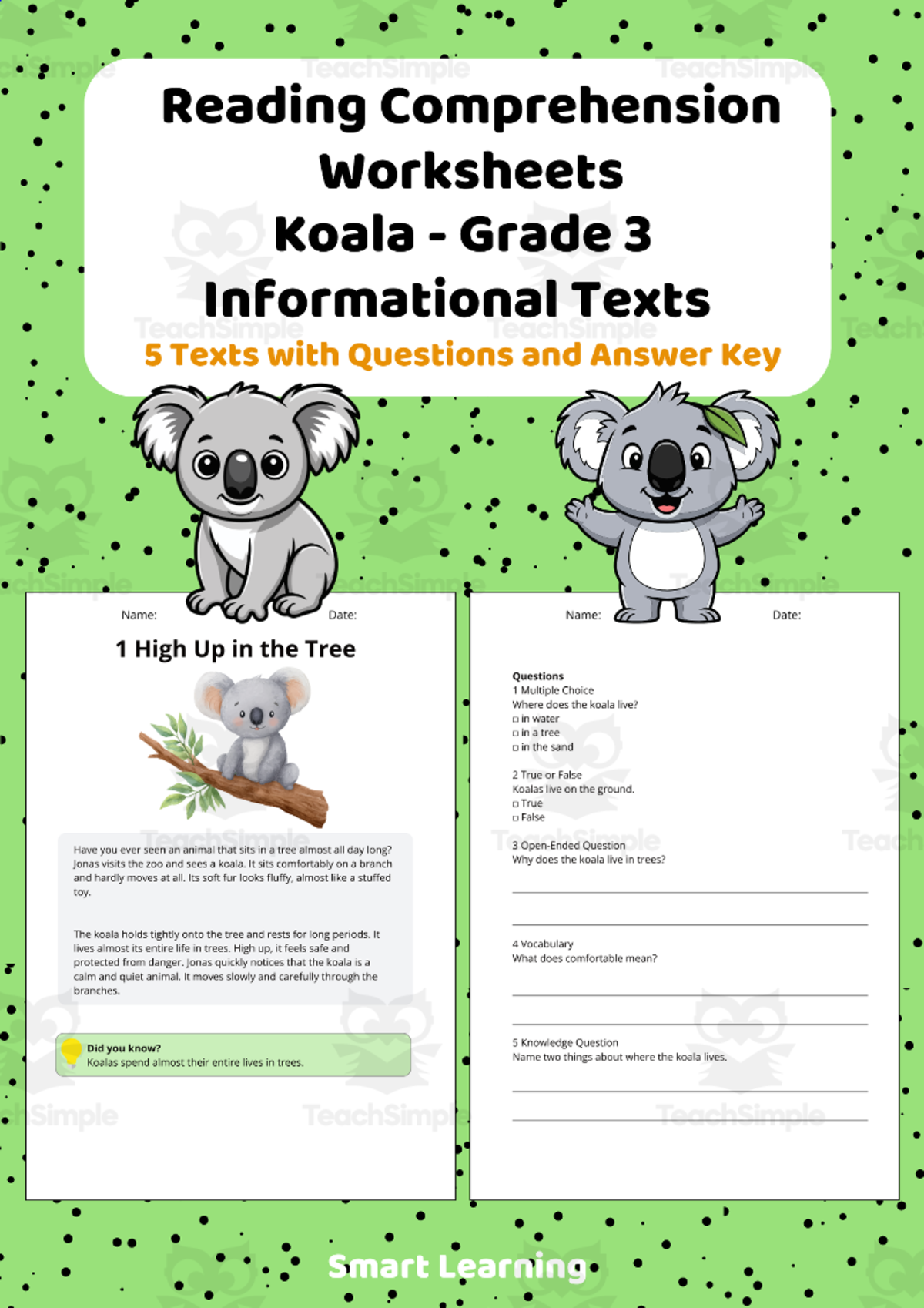 An educational teaching resource from Smart Learning Classroom entitled Reading Comprehension Koala | Grade 3 Informational Texts downloadable at Teach Simple.