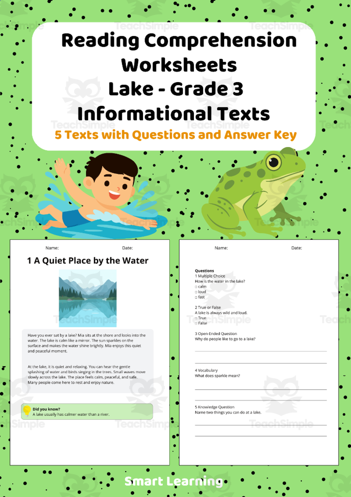 An educational teaching resource from Smart Learning Classroom entitled Reading Comprehension Lake | Grade 3 Informational Texts downloadable at Teach Simple.