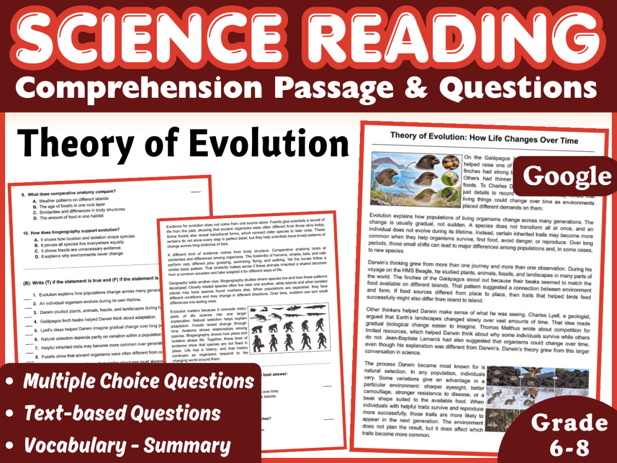 An educational teaching resource from Middle & High School - CORED Education entitled Reading Comprehension | Life Science | Biology | Evolution (Docs) downloadable at Teach Simple.