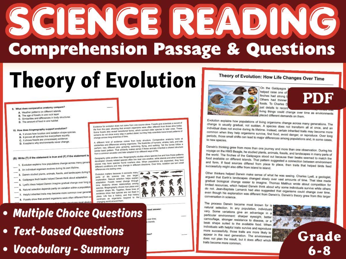 An educational teaching resource from Middle & High School - CORED Education entitled Reading Comprehension | Life Science | Biology | Evolution (PDF) downloadable at Teach Simple.