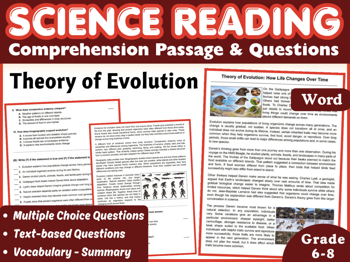 An educational teaching resource from Middle & High School - CORED Education entitled Reading Comprehension | Life Science | Biology | Evolution (Word) downloadable at Teach Simple.