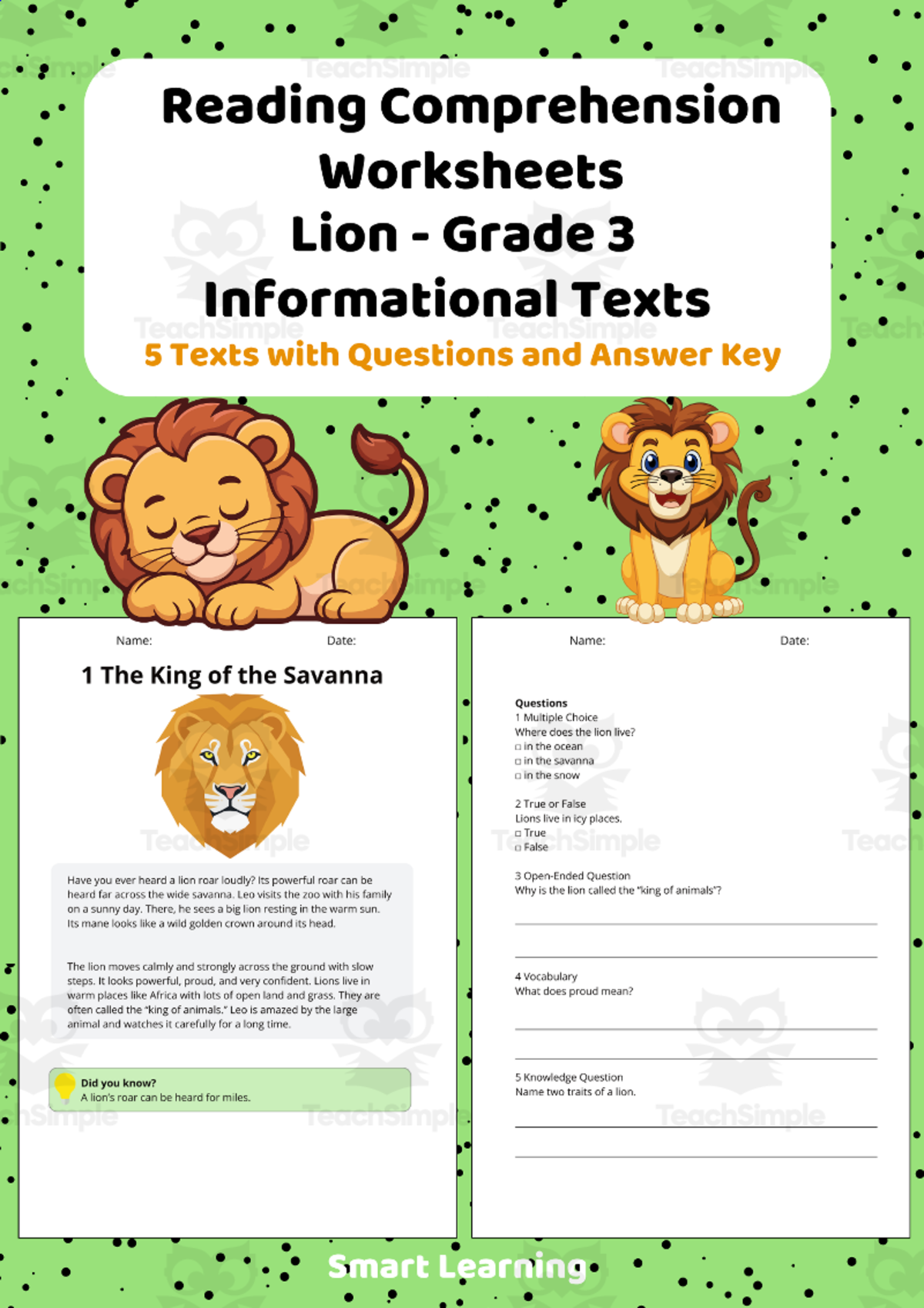 An educational teaching resource from Smart Learning Classroom entitled Reading Comprehension Lion | Grade 3 Informational Texts downloadable at Teach Simple.