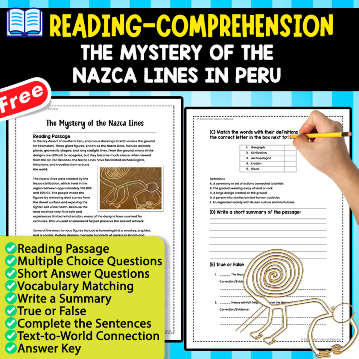 An educational teaching resource from EDITORIAL LAURA EDUCA entitled READING-COMPREHENSION MINIBOOK | The Mystery of the Nazca Lines downloadable at Teach Simple.