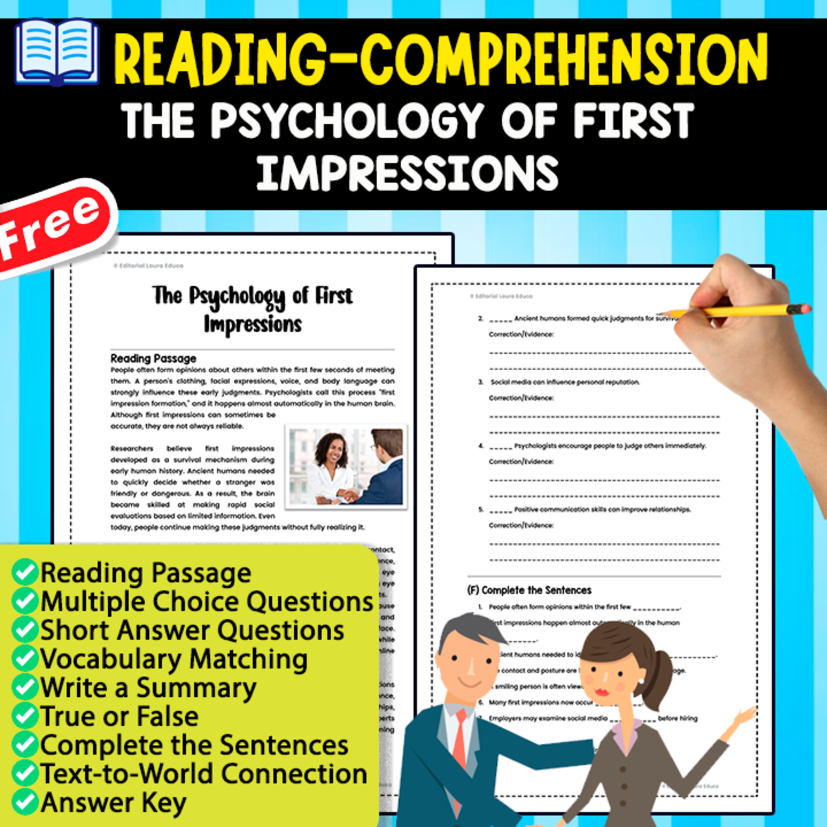 An educational teaching resource from EDITORIAL LAURA EDUCA entitled READING-COMPREHENSION MINIBOOK | The Psychology of First Impressions downloadable at Teach Simple.