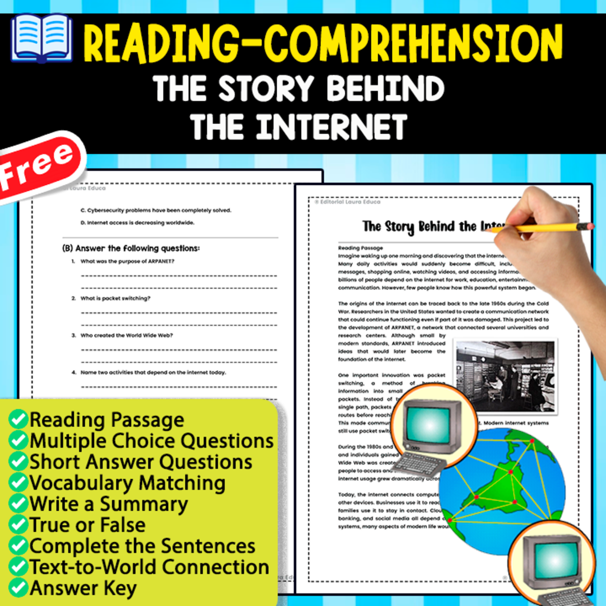 An educational teaching resource from EDITORIAL LAURA EDUCA entitled READING-COMPREHENSION MINIBOOK | The Story Behind the Internet downloadable at Teach Simple.