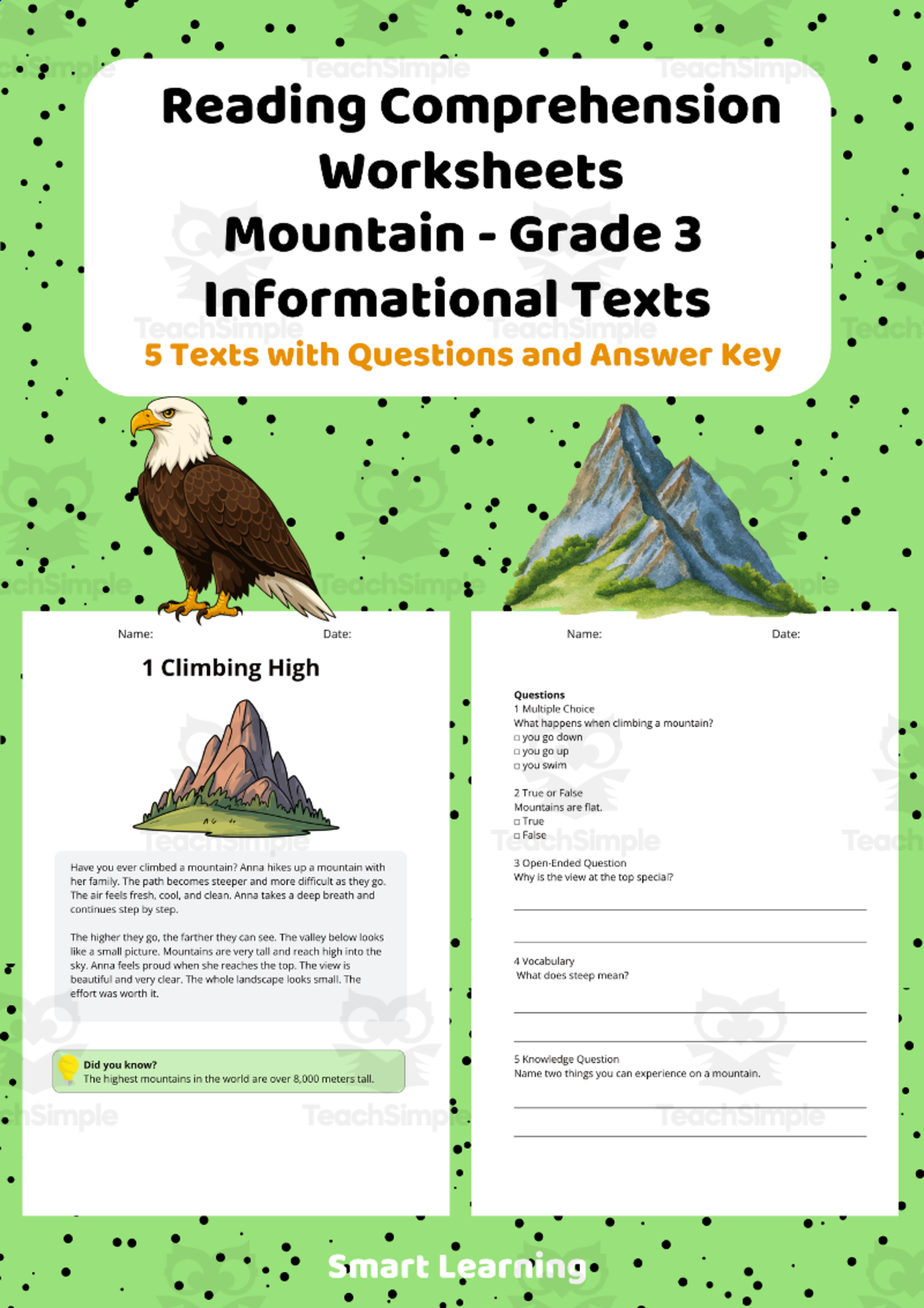 An educational teaching resource from Smart Learning Classroom entitled Reading Comprehension Mountain | Grade 3 Informational Texts downloadable at Teach Simple.