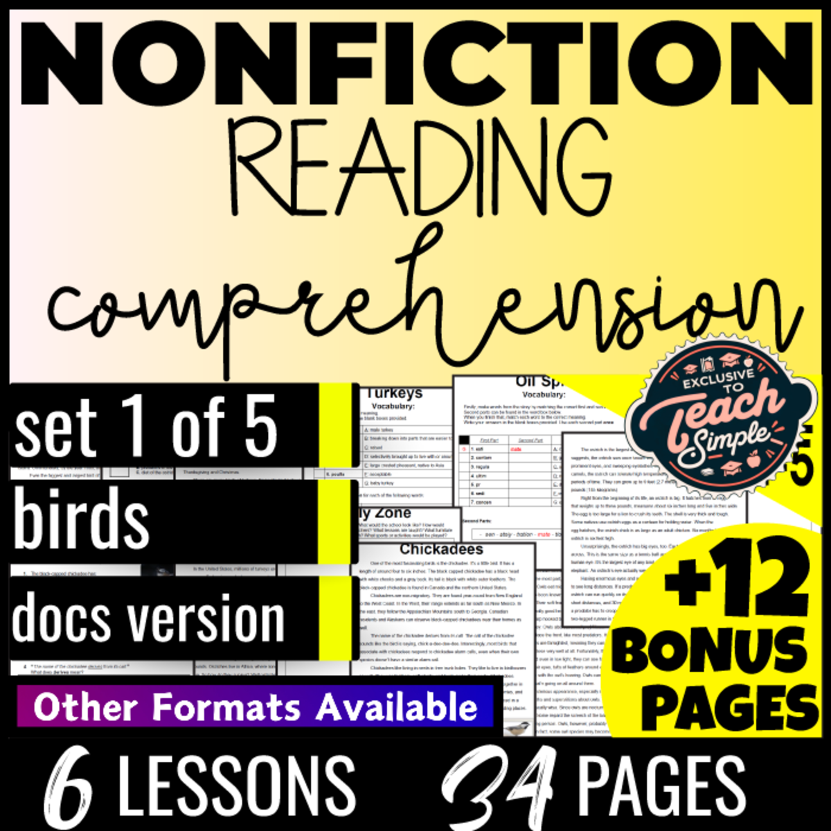 An educational teaching resource from Cored Education entitled Reading Comprehension Nonfiction Set 1 - Birds (Docs) downloadable at Teach Simple.