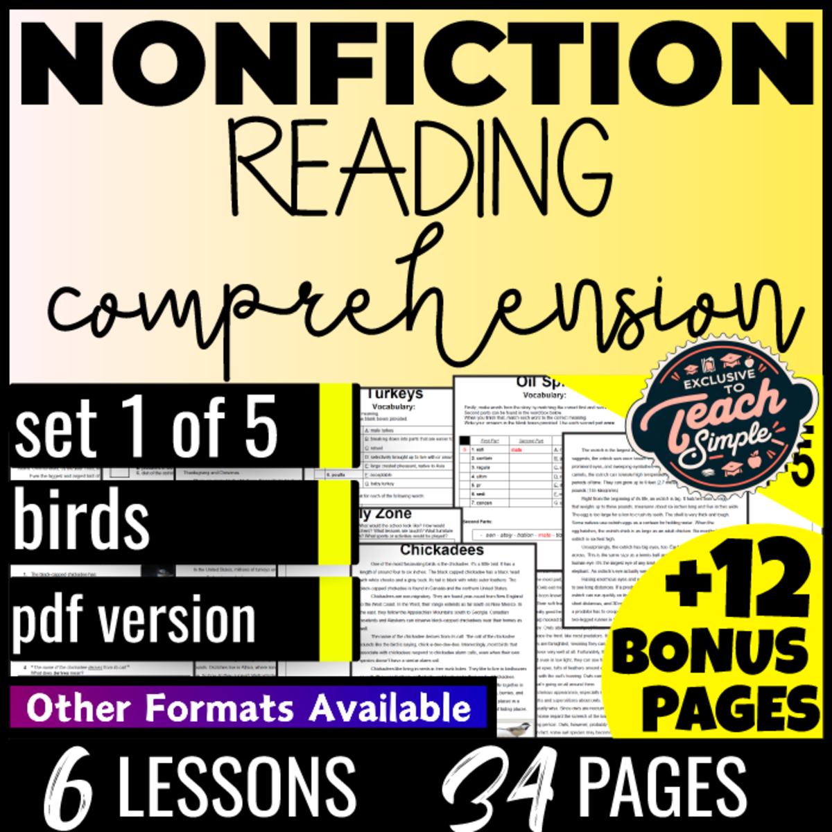 An educational teaching resource from Cored Education entitled Reading Comprehension Nonfiction Set 1 - Birds (PDF) downloadable at Teach Simple.