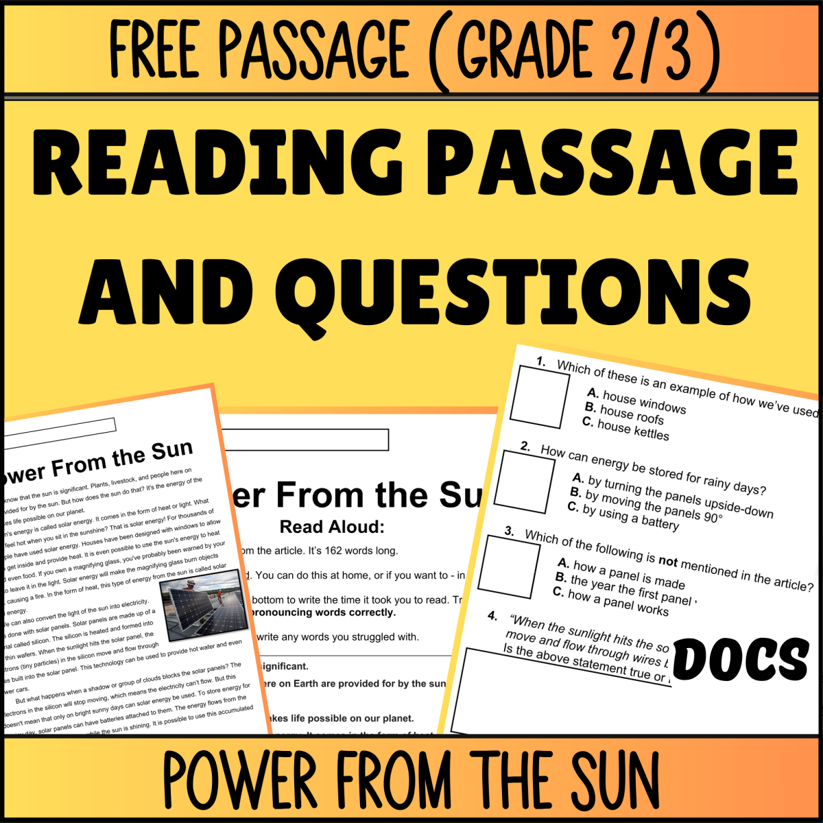 An educational teaching resource from Cored Education entitled Reading Comprehension Nonfiction Set 1 Sample Power From the Sun Docs downloadable at Teach Simple.
