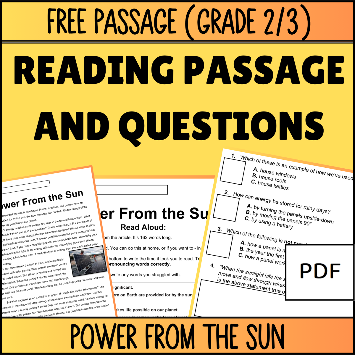 An educational teaching resource from Cored Education entitled Reading Comprehension Nonfiction Set 1 Sample Power From the Sun PDF downloadable at Teach Simple.