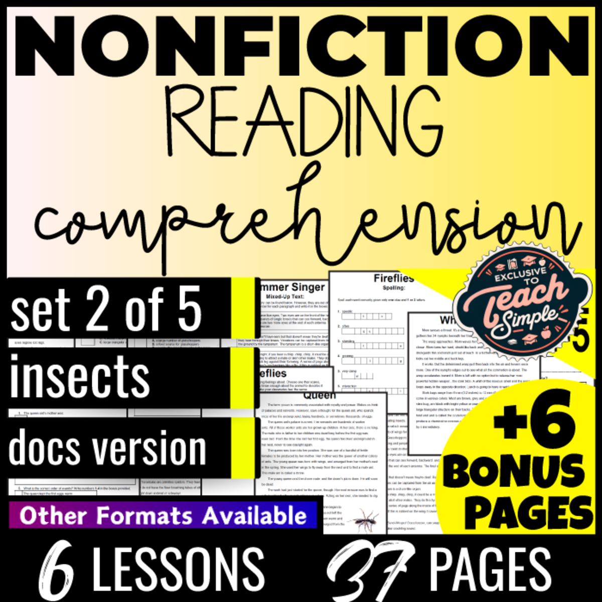 An educational teaching resource from Cored Education entitled Reading Comprehension Nonfiction Set 2 - Insects (Docs) downloadable at Teach Simple.