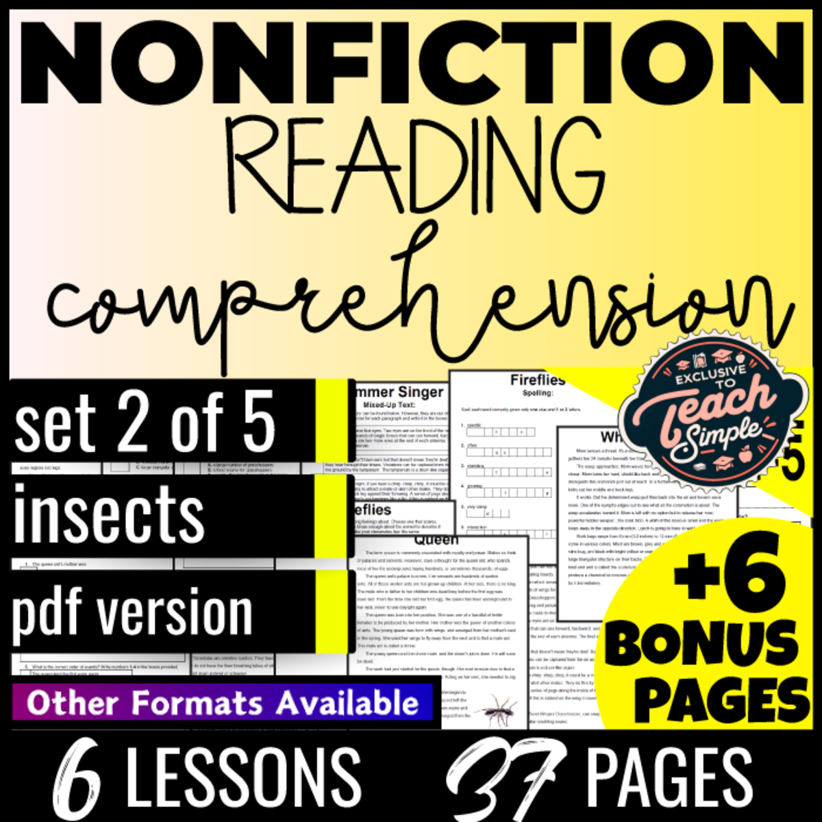An educational teaching resource from Cored Education entitled Reading Comprehension Nonfiction Set 2 - Insects (PDF) downloadable at Teach Simple.