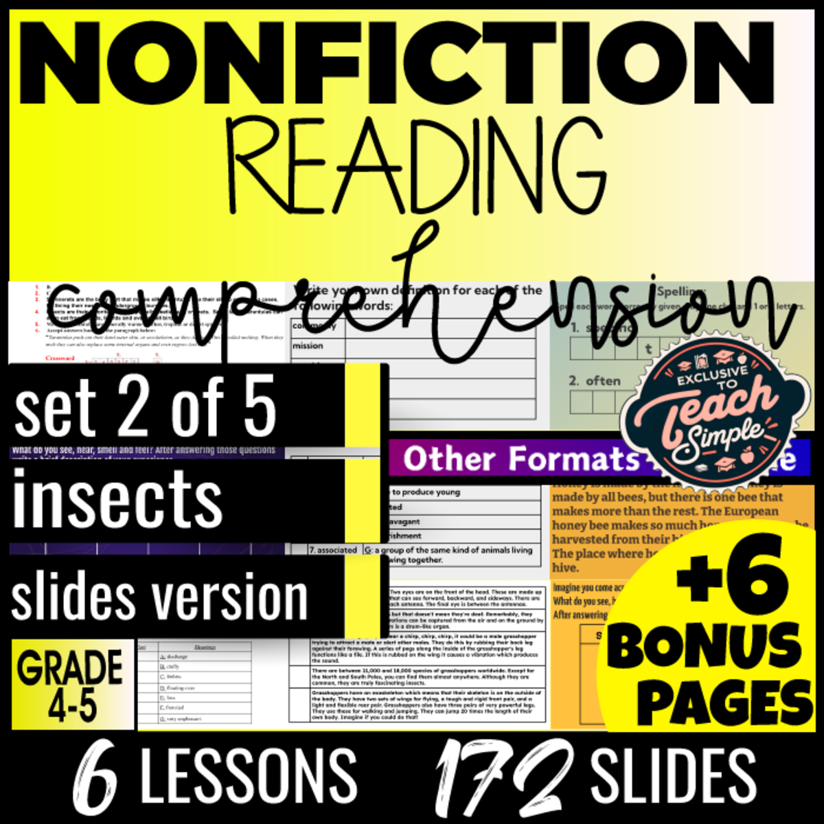 An educational teaching resource from Cored Education entitled Reading Comprehension Nonfiction Set 2 - Insects (Slides) downloadable at Teach Simple.