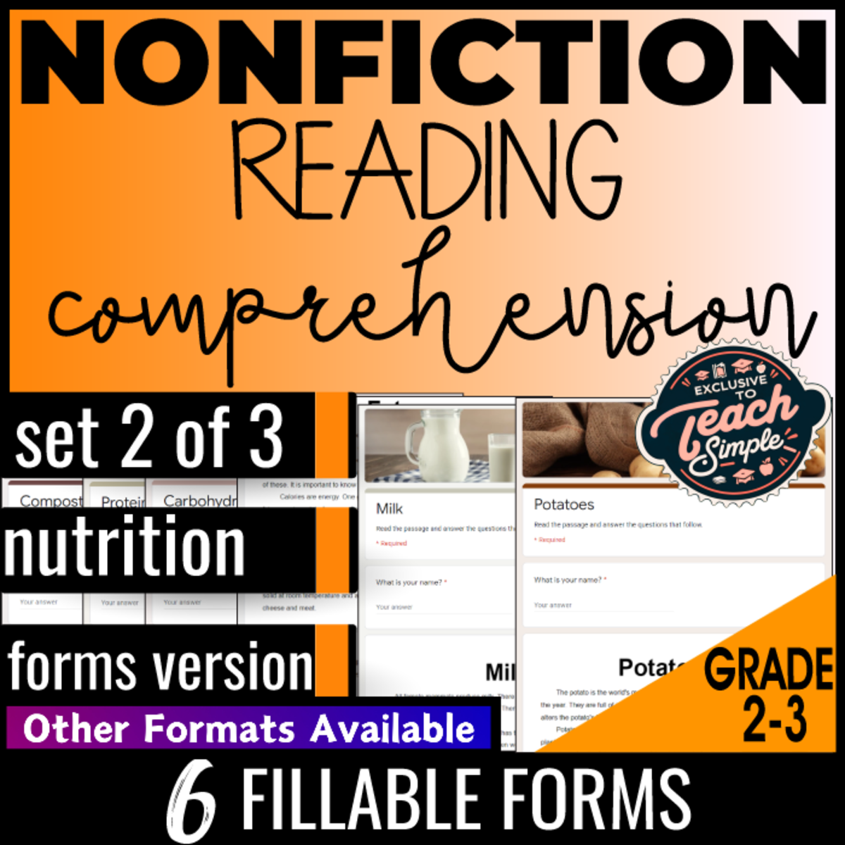 An educational teaching resource from Cored Education entitled Reading Comprehension Nonfiction Set 2 - Nutrition (Forms) downloadable at Teach Simple.